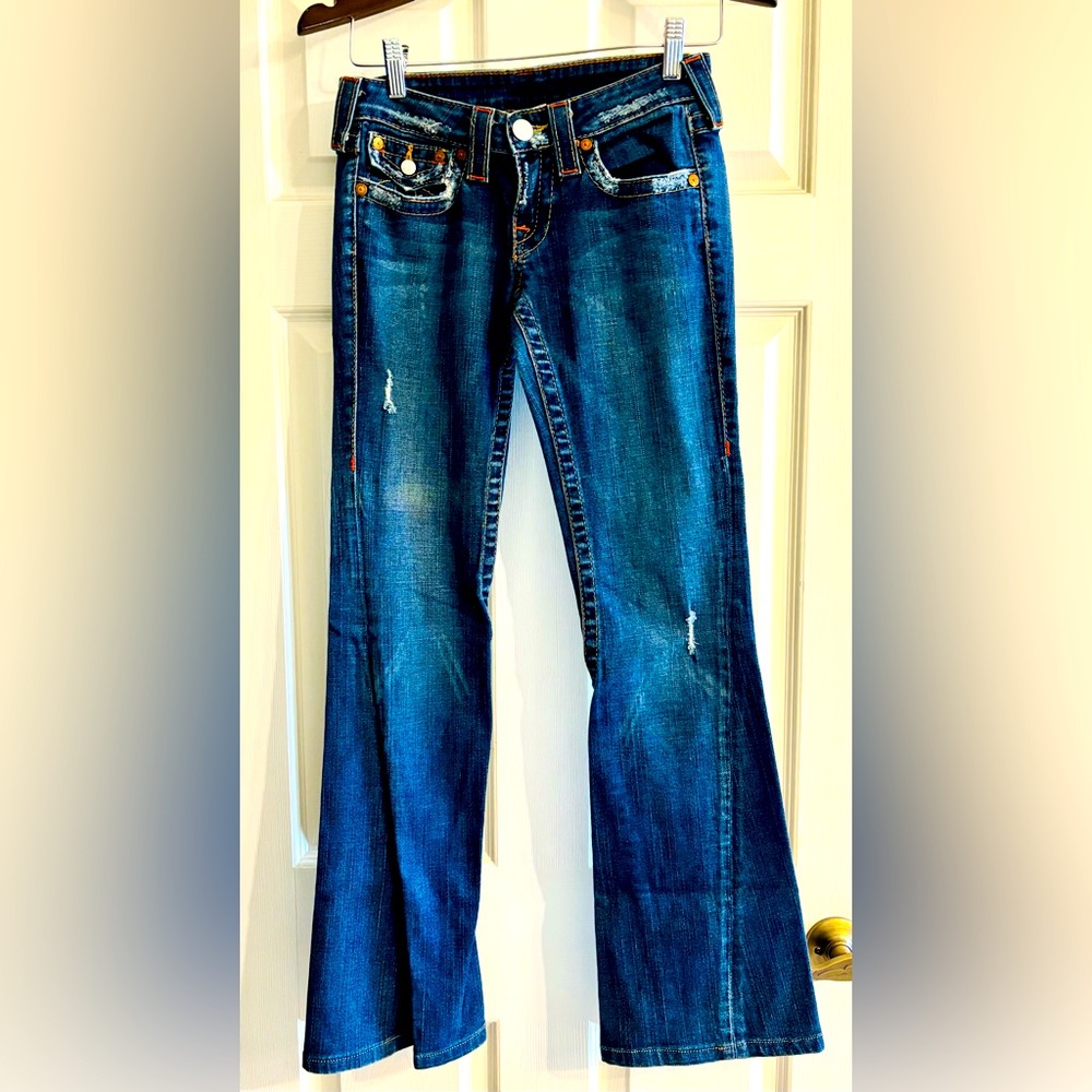 True Religion distressed stone washed wide leg blue jeans 👖